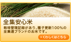 全集安心米　栽培管理記録があり、種子更新100％の全集連ブランドのお米です。